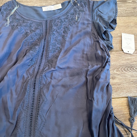 Blue Ruffle Scrunch Side Tie Tank Blouse Top - Picture 2 of 5